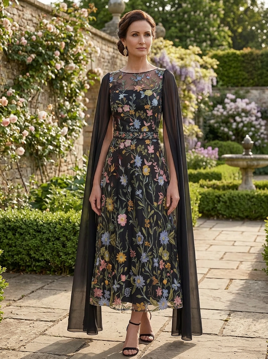 Floral Embroidery A-Line Scoop Neck Mother of the Bride & Groom Dresses with Chiffon Sash